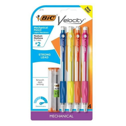 Bic Velocity Mechanical Pencil Colorful Barrel Grip, 4 Ea