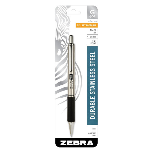 Zebra Gel Pen G-402 Stainless Steel Fine Point Retractable Black Ink 0.5 mm 1 Ea