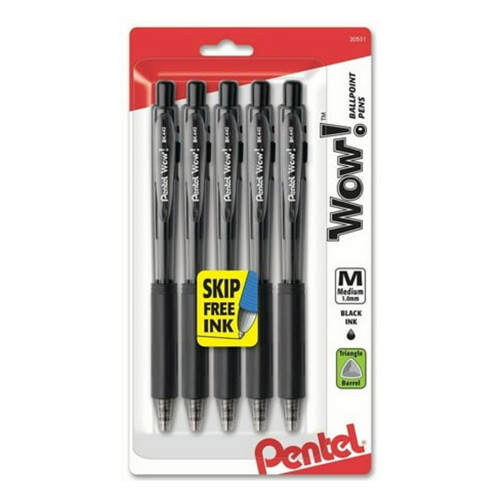 Wow Retractable Ballpoint Pen Black Ink Medium Line for Notes and Lists 1.0mm 5 Ea