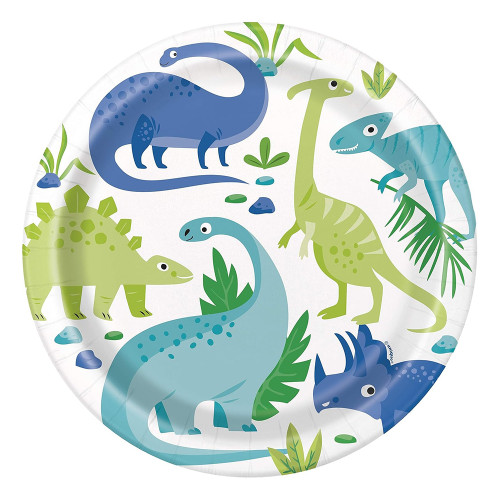 Dinosaur Party Plates Blue & Green Dinner Theme Round Decorative 9 inch 8 Ea