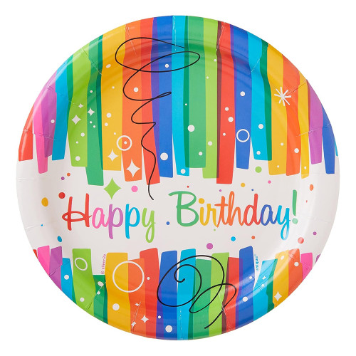 Rainbow Ribbon Birthday Paper Plates Round Decorative 7 inch 8 Ea
