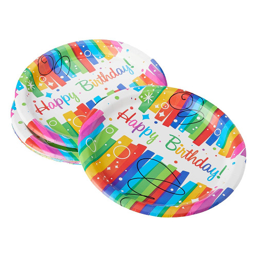 Rainbow Ribbon Birthday Paper Plates Round Decorative 9 inch 8 Ea