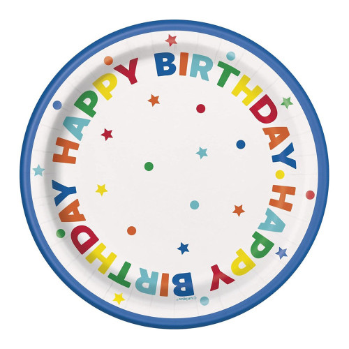 Unique Paper Plates Round Patterned Dots & Stars Birthday 7 inch 8 Ea