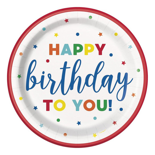 Unique Paper Plates Round Patterned Dots & Stars Birthday 9 inch 8 Ea