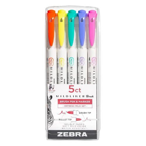 Zebra Mildliner Refresh Ink Brush Pen and Marker Assorted Colors 5 Ea