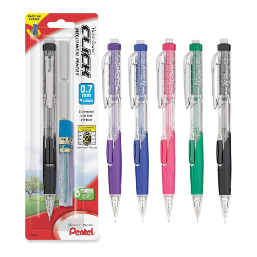 Pentel Twist Erase CLICK Mechanical Pencil Clear Barrel Assorted Grip Colors with Lead and 2 Erasers 0.7mm 1 Ea