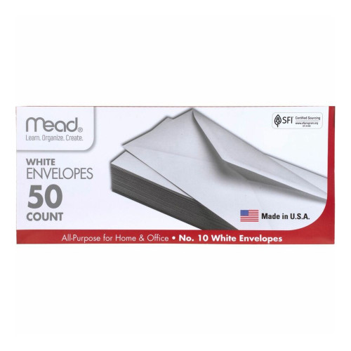 Mead 10 Envelopes 4.25 x 9.5 White Business Mail Stationery, 50 Ea