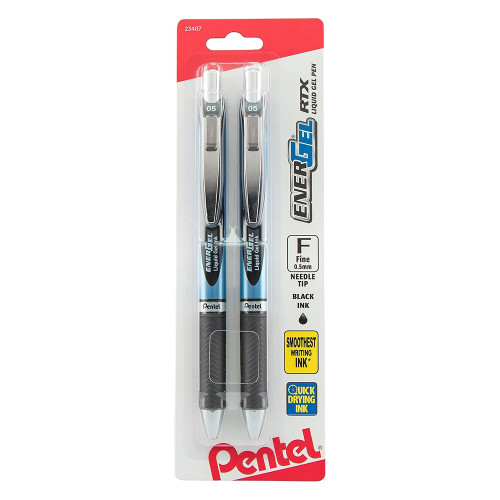 Pentel EnerGel RTX Retractable Gel Pen Needle Tip Fine Line Black Ink 0.5mm 2 Ea