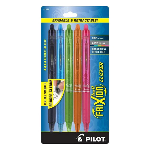 Pilot Frixion Ball Click Retractable Gel Pen Assorted Colors Smooth Fine Writing Performance 5 Ea