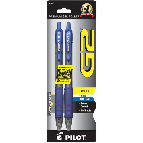 Pilot G2 Premium Refillable Retractable Gel Pen Bold Point Smooth Writing Bright Blue Ink 1.0mm 2 Ea