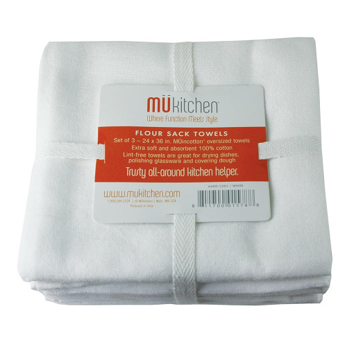 MUkitchen Flour Sack Kitchen Towel for Lightweight Absorbency, 24x36 Inch, White, 3 ea