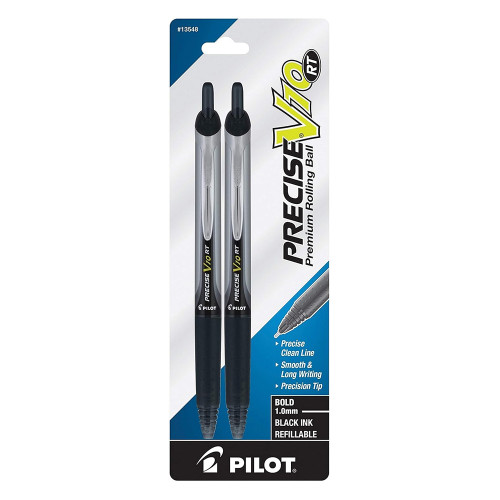 Pilot Precise V10 RT Retractable Premium Rolling Ball Pen Bold Black Ink Smooth Writing 1.0mm 2 Ea