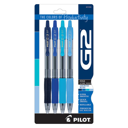 Pilot G2 Boost Retractable Gel Pen Assorted Blue Ink Colors Smooth Writing Performance 4 Ea