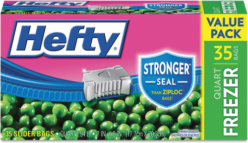 Hefty One Zip Slider Bags, Freezer, 1qt, 2.5 mil, Clear, 35 Box