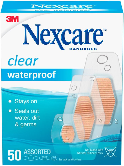 Nexcare Waterproof Clear Bandages, Assorted Sizes, 50 Count