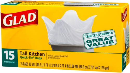 Glad 13 Gal Quick Tie Tall Kitchen Bags 15 count