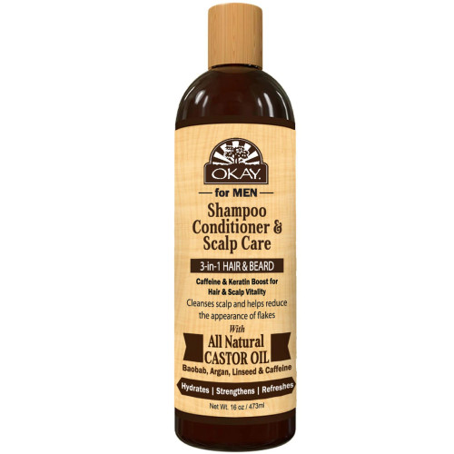 OKAY Men's Castor Oil Beard And Hair 3 in 1 Shampoo, Conditioner, and Scalp Care, 16 oz