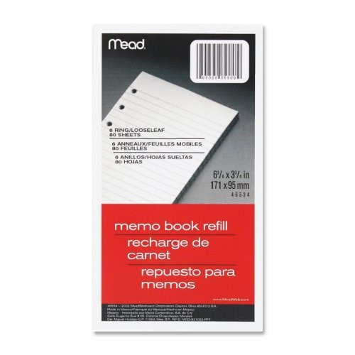 Mead Memo Book Refill for 6 Ring Book - 3.75" X 6.75", 80 sheets