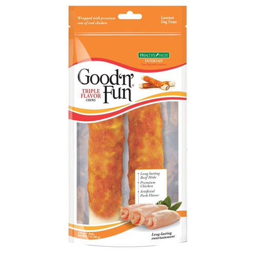 Good 'n' Fun Large Triple Flavored Wrapped Roll Rawhide Dog Treat, 2 count
