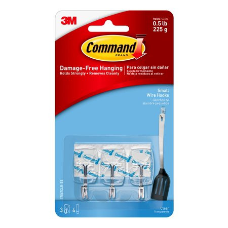 Command Small Wire Wall Hooks Clear, 3 Hooks + 4 Strips