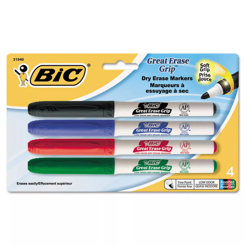 BiC Great Erase Grip Fine Point Dry Erase Marker Assorted, 4 count