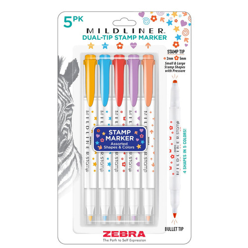 Zebra Pen Mildliner Dual-Tip Stamp Marker, Assorted Colors, 5 ct