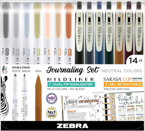 Zebra Sarasa Clip Vintage Gel Pens & Mildliner Highlighters, Neutral Colors, 14 Count