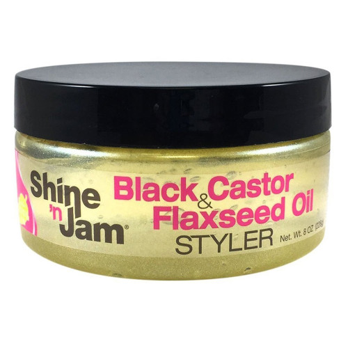 Ampro Shine N Jam Black Castor & Flaxseed Oil Styler Gel, Strong Hold & Hair Nourishment, 8 Oz