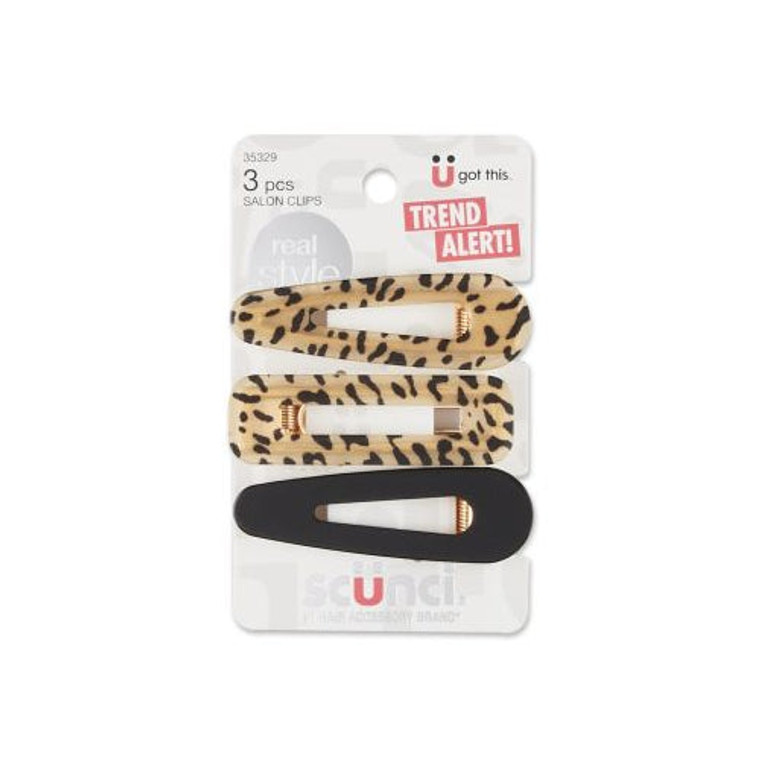 Scunci Acrylic Salon Clips Oval Animal, Rect Animal, Oval Solid Black, 3pk