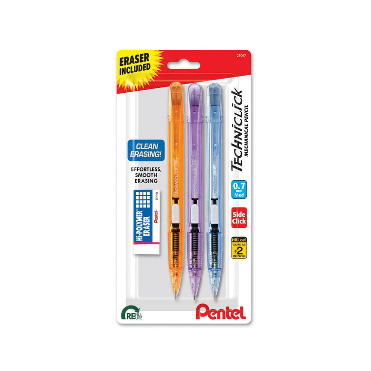 Pentel Techniclick Mechanical Pencil with Block Eraser Assorted Colors, 3 count