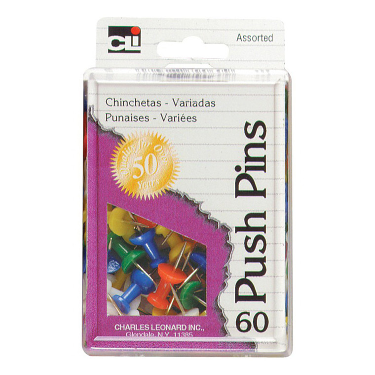 Charles Leonard Inc Push Pins Assorted Colors Reusable Box, 60 Ea