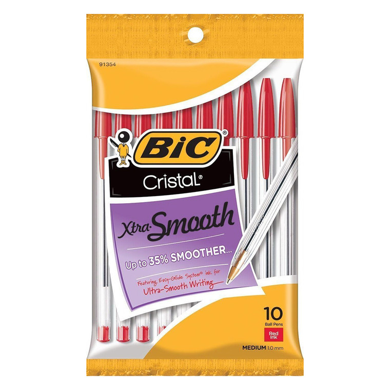 Bic Cristal Xtra Smooth Ballpoint Pen Red Ink, 10 Ea