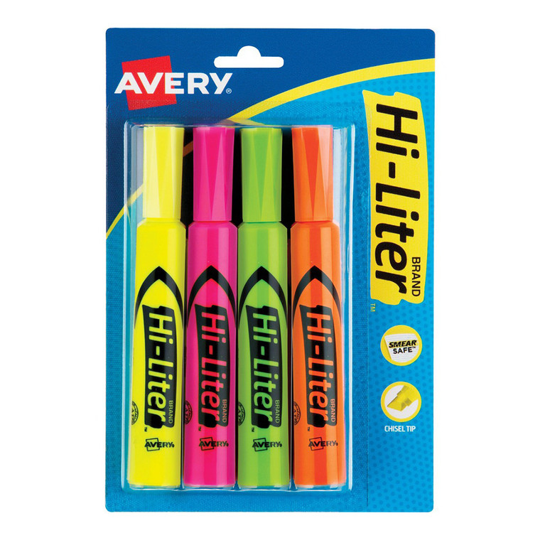 Avery Hi Liter Fluorescent Desk Style Highlighters Assorted Colors, 4 Ea