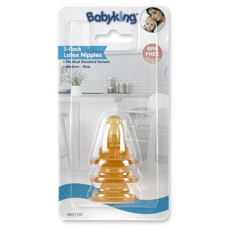 Babyking Medium Flow Latex Nipples Infant Feeding, 3 Ea