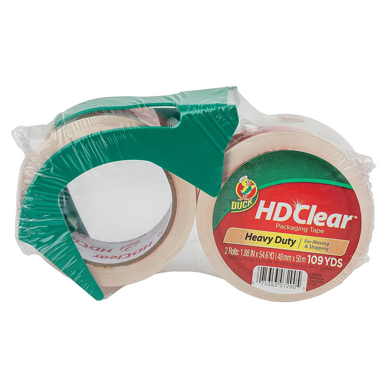 Duck Brand HD Clear Heavy Duty Packing Tape with Dispenser Clear 2 Pack 1.88 Inch x 54.6 Yard, 1 Ea