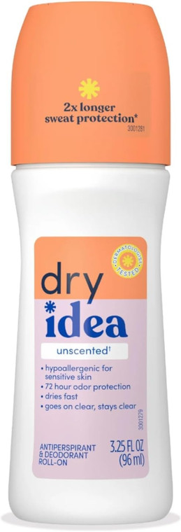 Dry Idea Deodorant 3.25Oz Roll On Unscented Antiperspirant