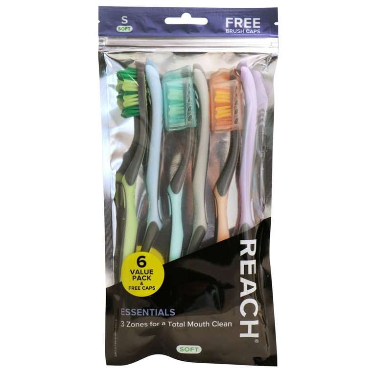 Reach Toothbrush Essentials Soft 6 Count With Free Caps