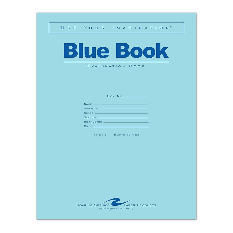 Roaring Spring Blue Exam Book White Paper 11 inch x 8.5 inch Standard Size Full Case 50 Booklets