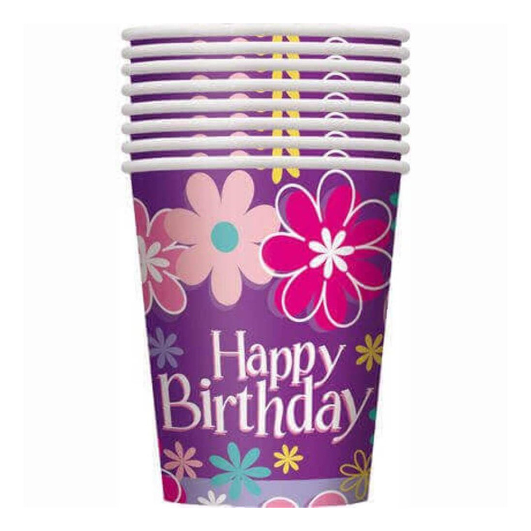 Birthday Blossom Party Cups Decorative 9 Oz 8 Ea