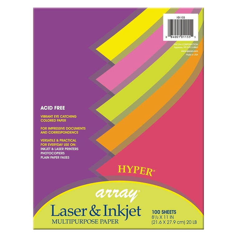 Array Multi-Purpose Paper Assorted Hyper Colors 8.5 x 11 In 100 Ea