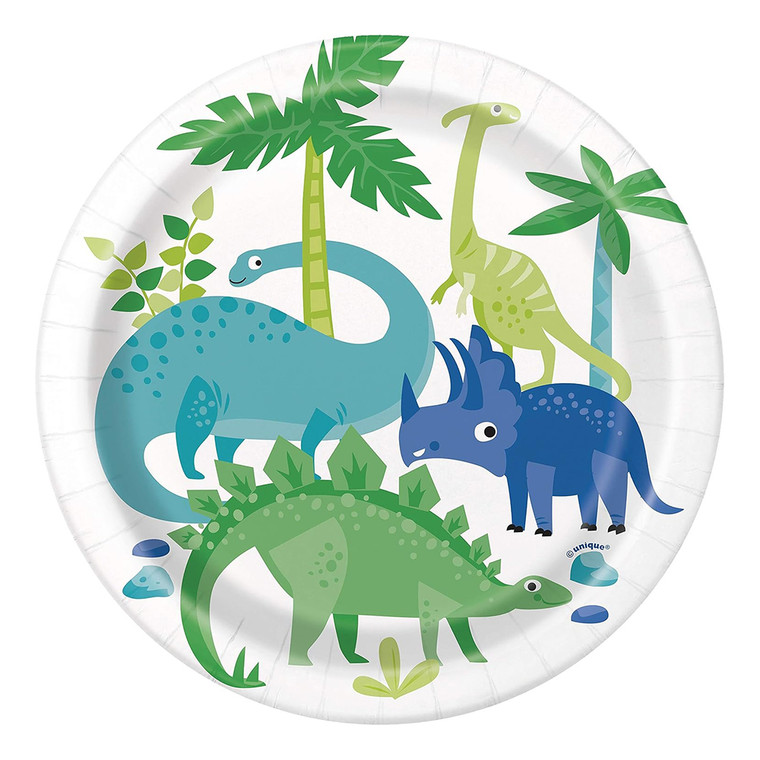 Dinosaur Party Plates Blue & Green Desert Theme Round Decorative 7 inch 8 Ea