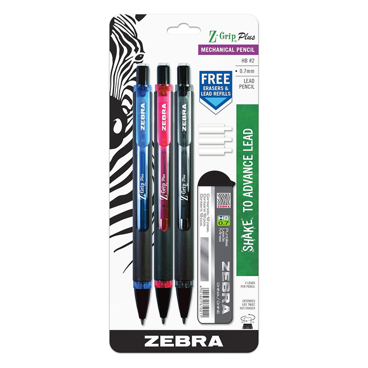 Zebra Mechanical Pencil Z-Grip Plus 0.7 mm with Lead & Erasers 3 Ea