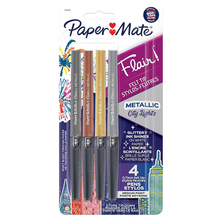 Paper Mate Flair Felt Tip Pens Metallic City Lights Medium Point 4 Ea