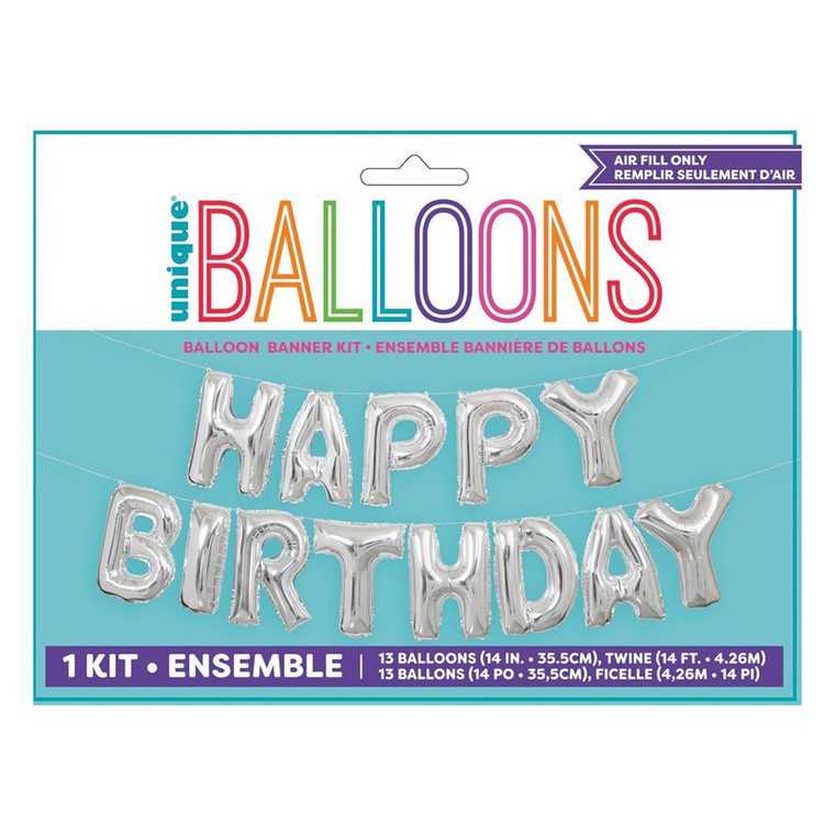 Unique Balloon Banner Kit Foil Letter Happy Birthday Stunning Silver 14 inch 1 Ea