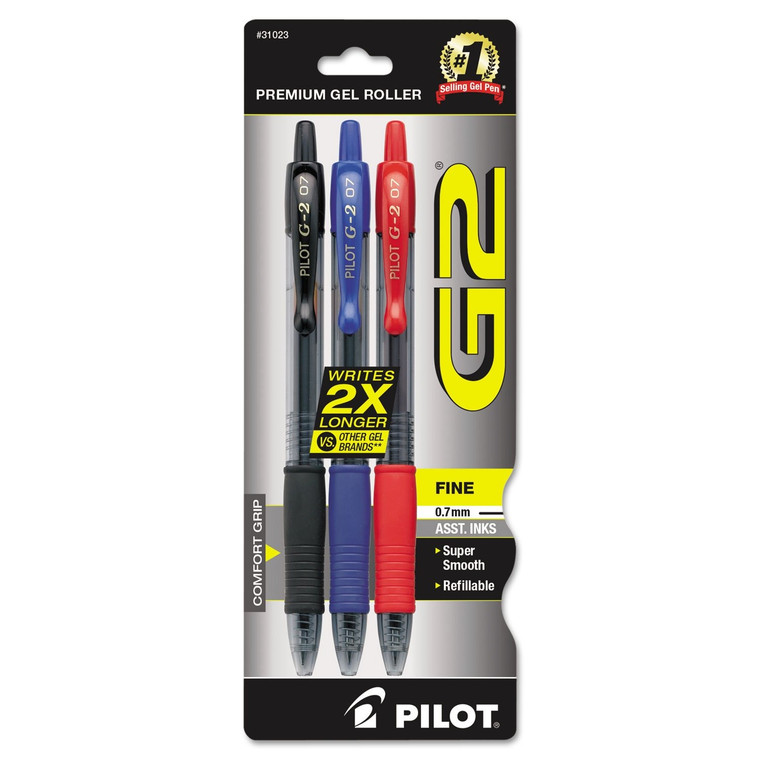 Pilot G2 Premium Refillable Retractable Gel Pen Fine Point Assorted Ink Colors Smooth Writing 0.7mm 3 Ea