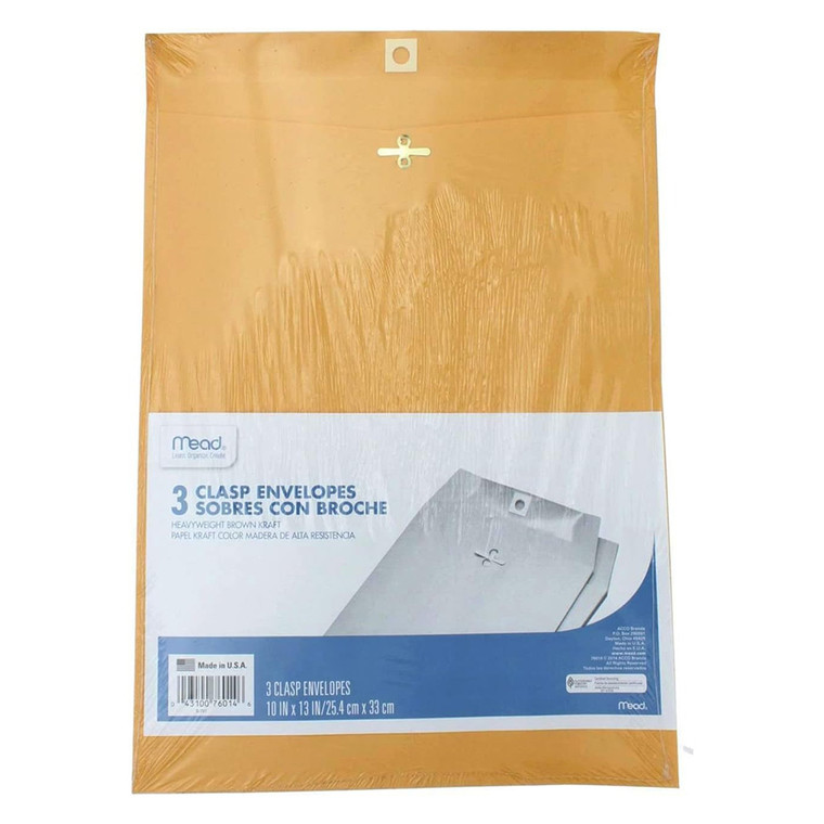 Mead Clasp Envelopes 10 x 13 Brown Kraft Paper for Large Files, 3 ea