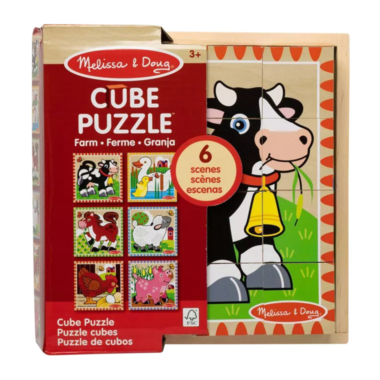 Melissa and Doug Farm Wooden Cube Puzzle with Storage Tray 6-in-1 Puzzles, 1 ea