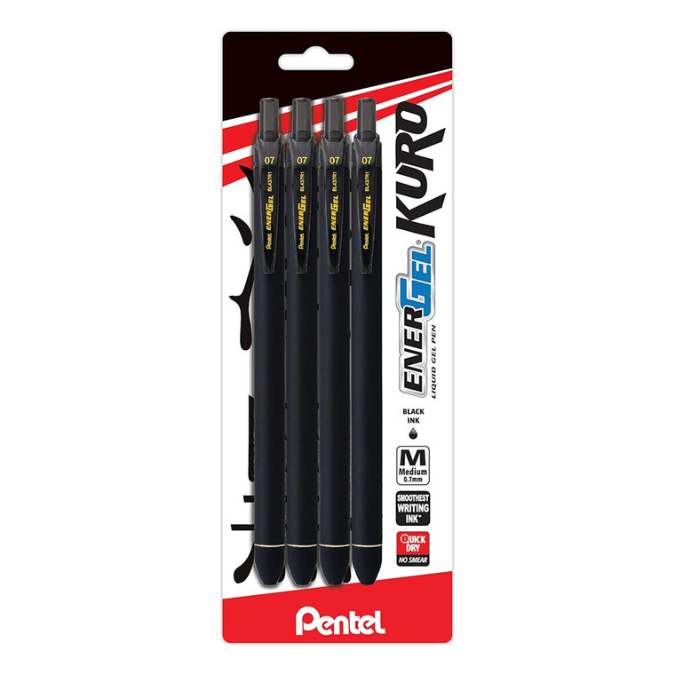 Pentel EnerGel Kuro Retractable Gel Pen Medium Point Smooth Black Ink Writing 0.7mm 4 Ea