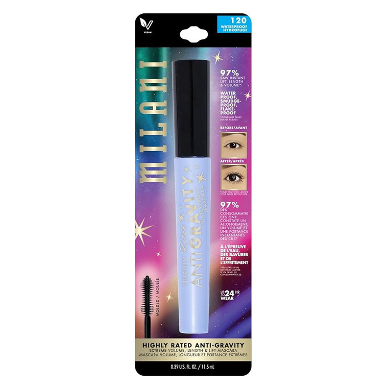 Milani Highly Rated Anti Gravity Waterproof Mascara Black Volumizing Formula, 0.39 oz