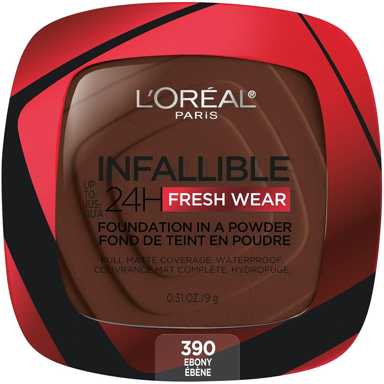 L'Oreal Paris Infallible Fresh Wear Powder Foundation Ebony 390 Matte Finish, 0.31 Oz